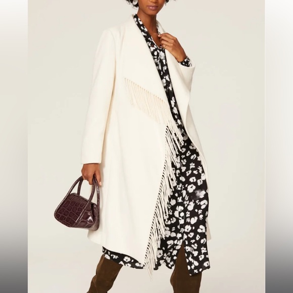 Milly Fringe Trim Long Sleeve Wool Blend Chunky Coat Cream Sz Small - Picture 1 of 8